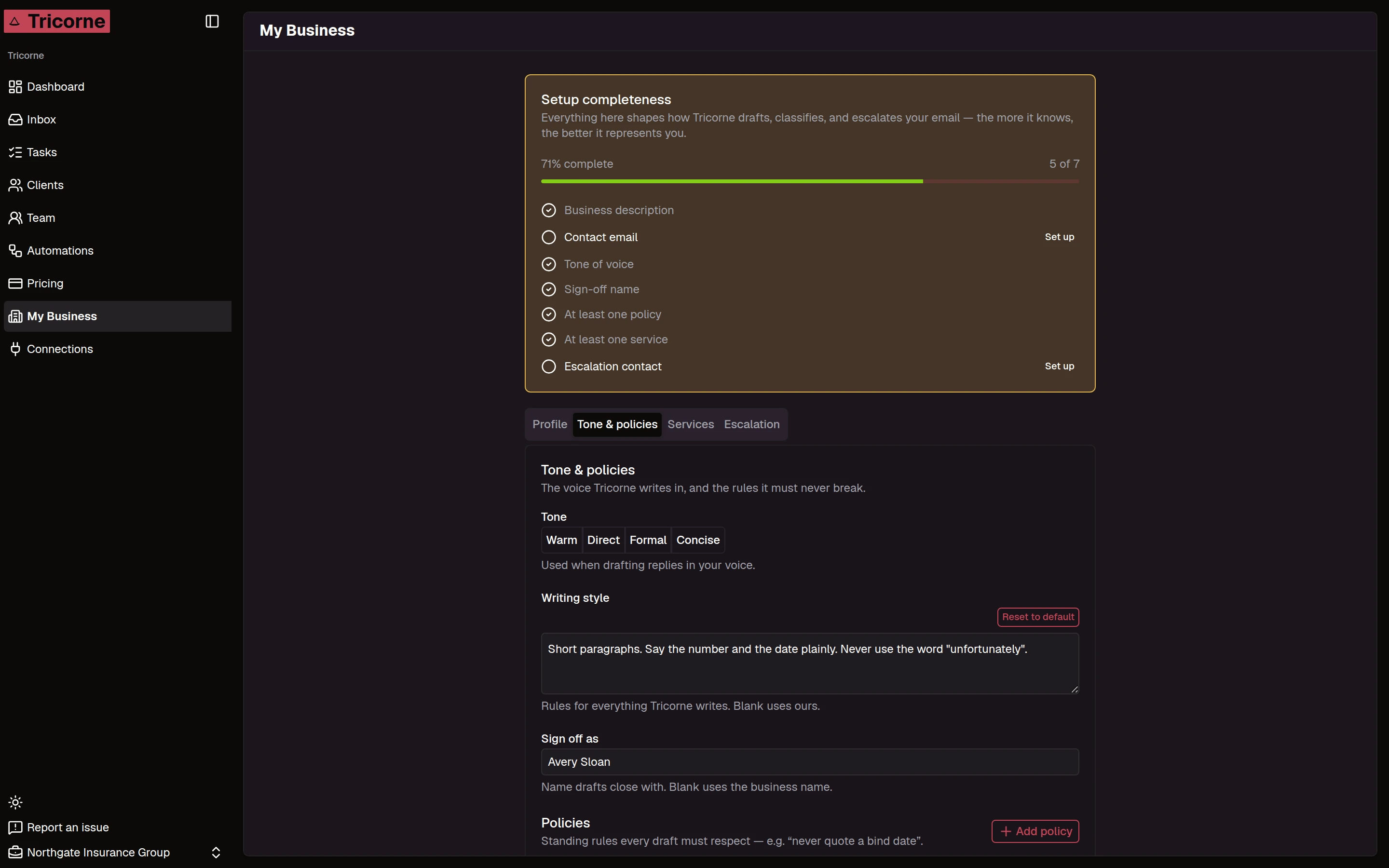 The My Business screen in Tricorne, showing tone, writing style, sign-off and standing policies.