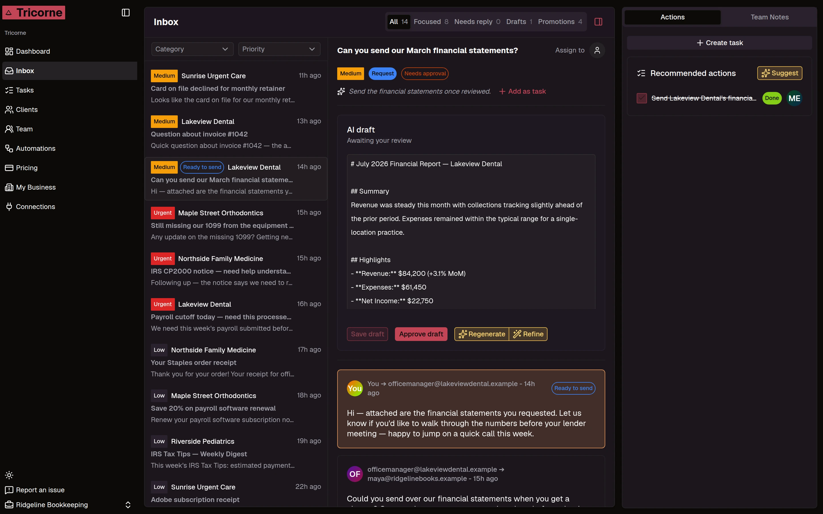 A thread open in Tricorne with an AI-written draft reply and an Approve draft button.